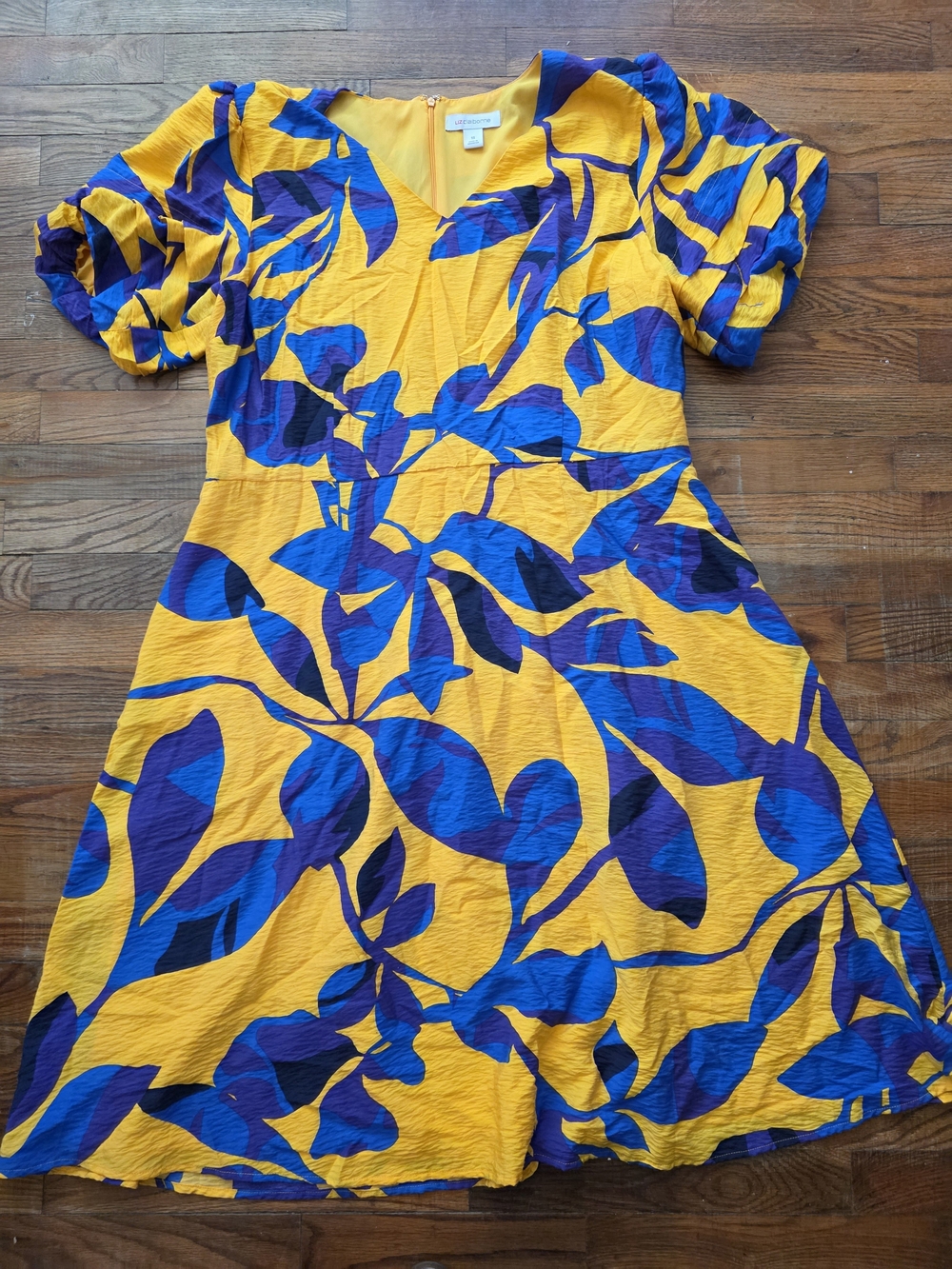 Liz Claiborne Yellow Dress with Blue Floral Print Midi Colorful Puff Sleeve Boho